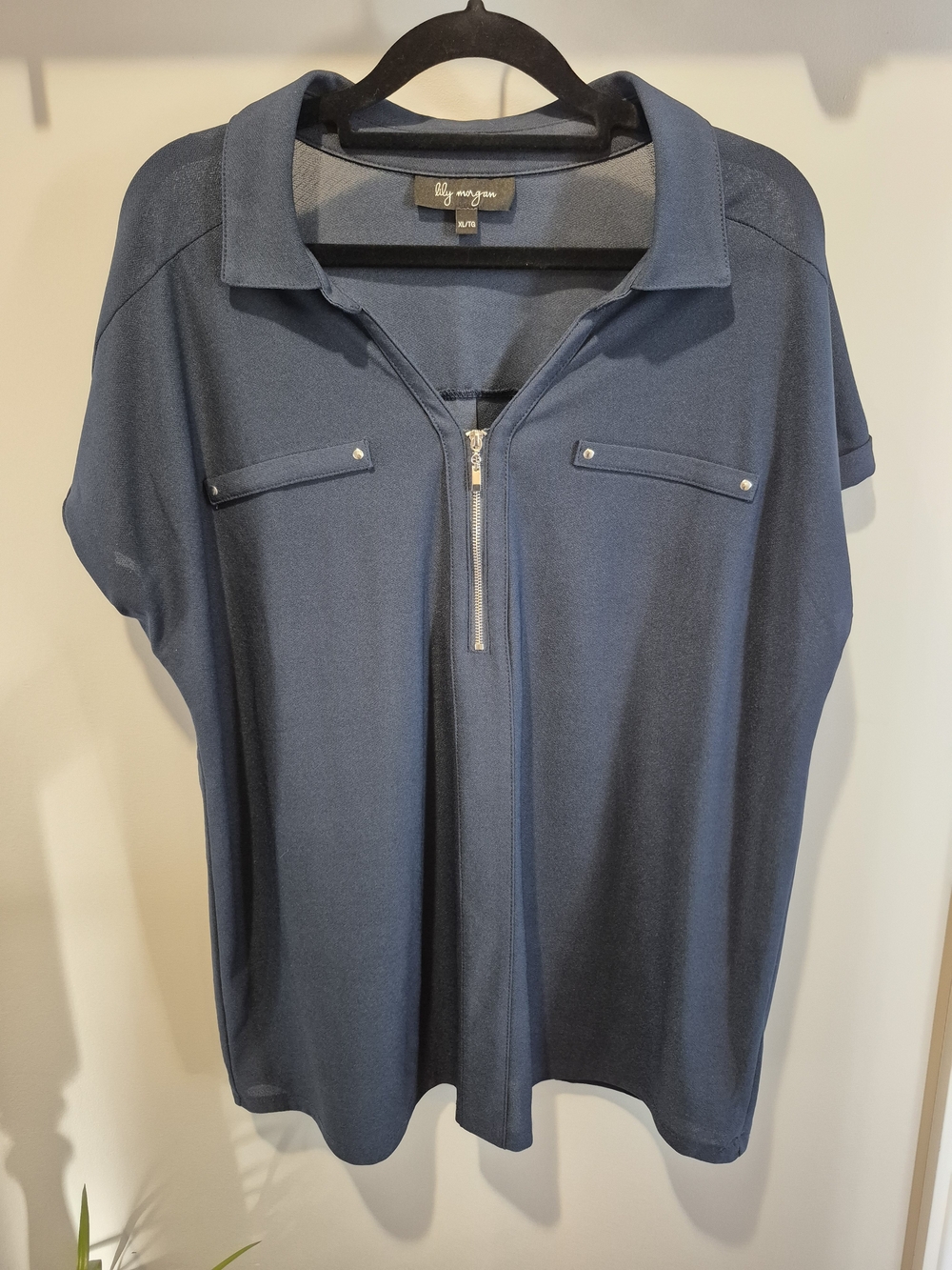 Lily Morgan Navy Short-Sleeve Zip Front Button-Down Shirt